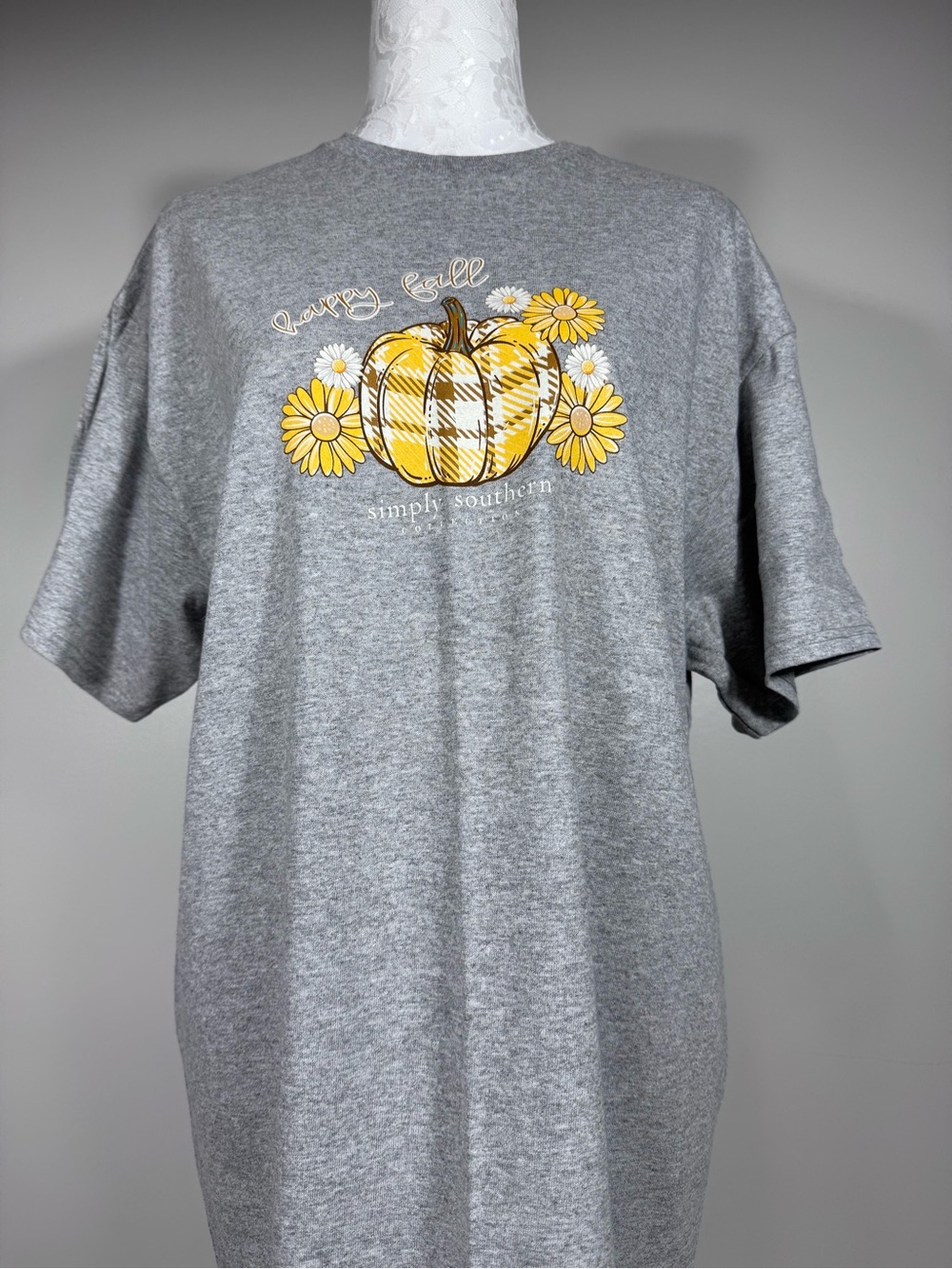 Simply Southern Gray Tee with Yellow Plaid Pumpkin & Daisies